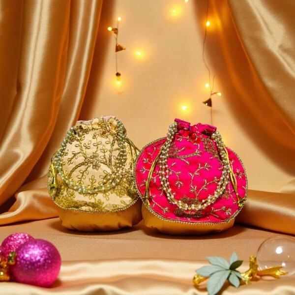 Embroidered Potli Bag with Pearl Handle