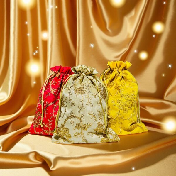e5b47ba01ce940d08a49d4cd3d2d53b1 Embroidered Drawstring Potli Bag – Red, Cream & Yellow Ethnic Gift Bags