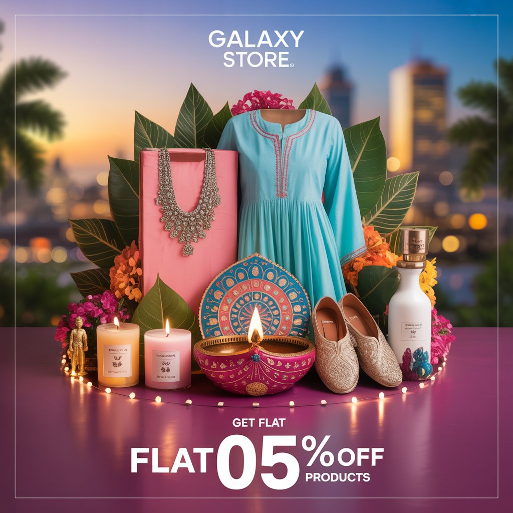 "Festive promotional poster for Galaxy Store displaying a light blue ethnic dress, ornate necklace, candles, traditional juttis, skincare bottle, and a large decorative lamp. Set against a cityscape at dusk with tropical leaves and flowers, the text highlights 'Get Flat 05% Off Products'."