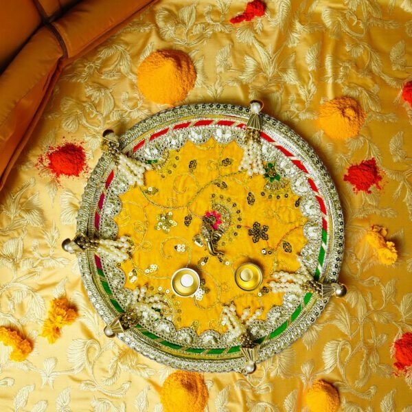 Yellow Embroidered Puja Thali