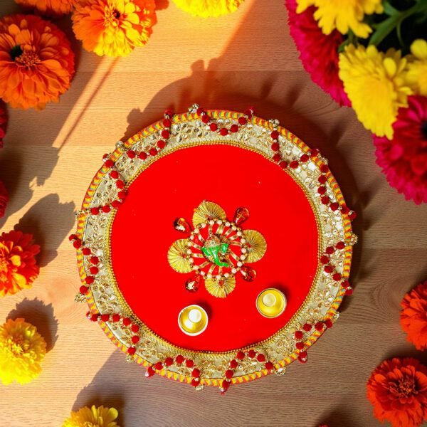 Red Golden Beaded Puja Thali
