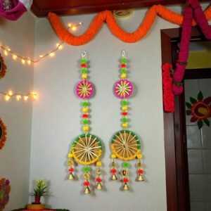 Round Wheel Latkan Wall Hanging with Bells – Set of 2 Round Wheel Design Latkan Wall Hanging with Golden Bells