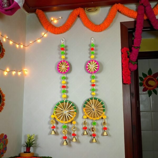 Round Wheel Latkan Wall Hanging with Bells – Set of 2 Round Wheel Design Latkan Wall Hanging with Golden Bells
