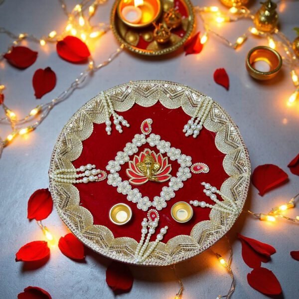 Red and White thali Red and White Lace Puja Thali