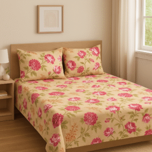 Bedsheet 1 (1) Beige Cotton Bedsheet With Pink Floral Print & Matching Pillow Covers