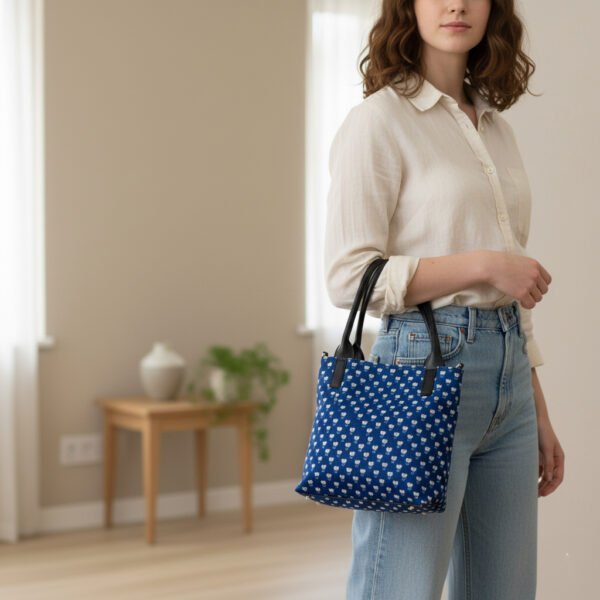 Blue Floral Print Tote Bag – Fabric Handbag with Sturdy Handles