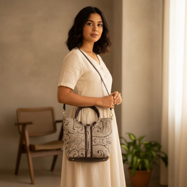 Brown Paisley Designer Handbag image 2 Brown Paisley Designer Handbag with Braided Handle & Shoulder Strap – Fabric Tote