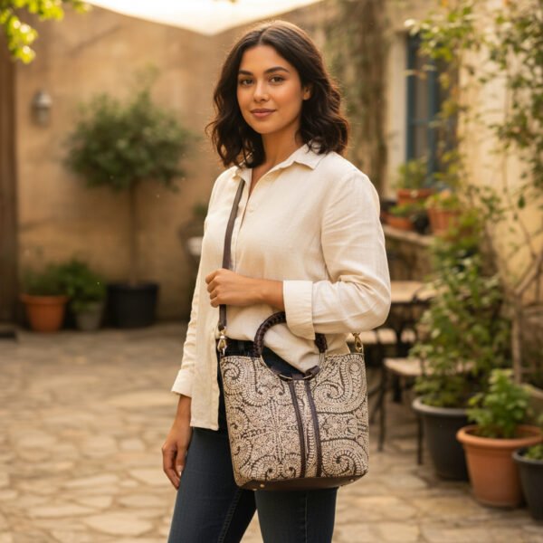 Brown Paisley Designer Handbag image 3 Brown Paisley Designer Handbag with Braided Handle & Shoulder Strap – Fabric Tote