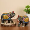 Handcrafted Wooden Grey Elephant Figurine Set – Royal Pattern Decorative Elephants for Home Décor & Gifting
