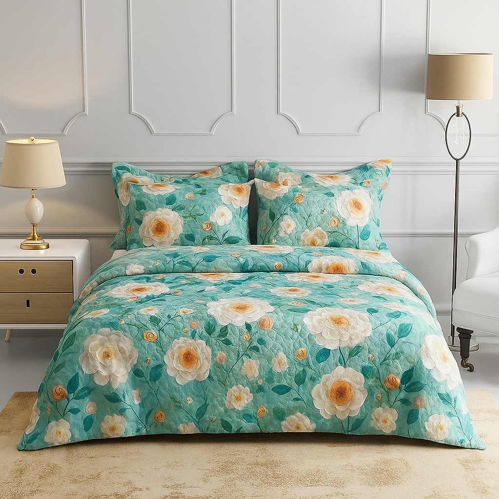 Luxury Turquoise Floral Bedsheet With Large Rose Print – Premium Double Bed Sheet