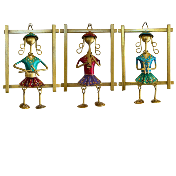 Handcrafted Sitting Musician Wall Hanging Set (3 Pieces) – Colorful Metal Wall Art
