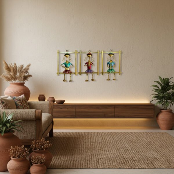 Handcrafted Sitting Musician Wall Hanging Set (3 Pieces) – Colorful Metal Wall Art