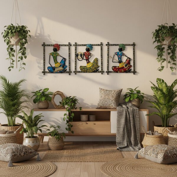Handcrafted Tribal Musician Wall Hanging Set of 3 piece image 1 Handcrafted Tribal Musician Wall Hanging Set (3 Pieces) – Colorful Metal Wall Art