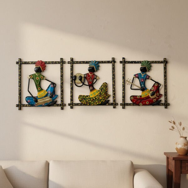 Handcrafted Tribal Musician Wall Hanging Set of 3 piece image 2 Handcrafted Tribal Musician Wall Hanging Set (3 Pieces) – Colorful Metal Wall Art