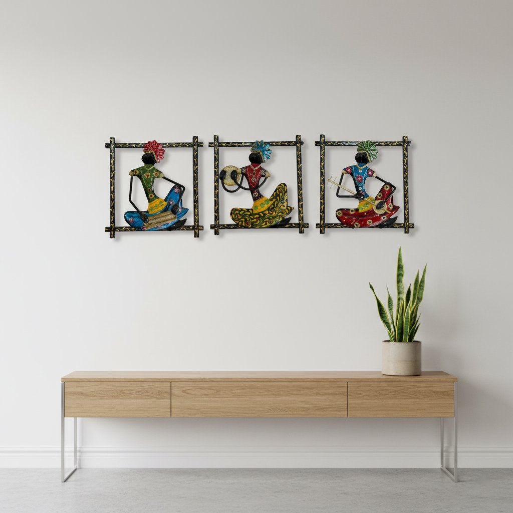 Set of 3 colorful tribal musician metal wall hangings in decorative black and gold frames, hand-painted Indian folk wall art.