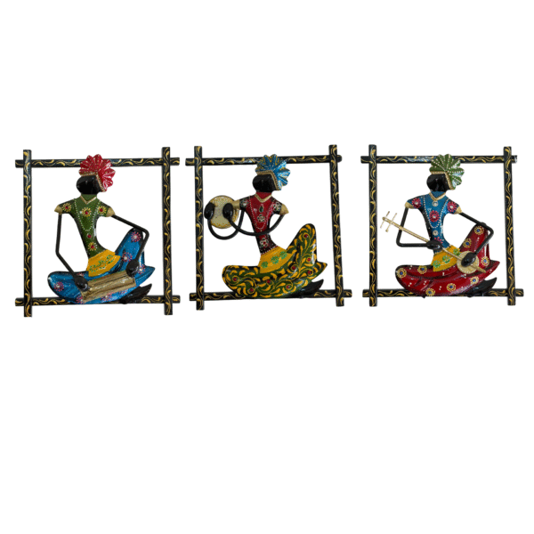 Handcrafted Tribal Musician Wall Hanging Set of 3 piece image 5 Handcrafted Tribal Musician Wall Hanging Set (3 Pieces) – Colorful Metal Wall Art