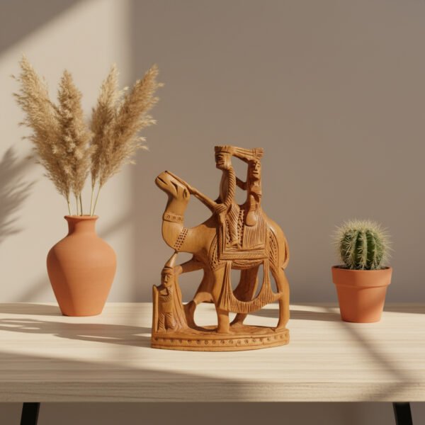 Handcrafted Wooden Camel Rider Sculpture – Tribal Rajasthani Art Figurine | Home Décor Showpiece
