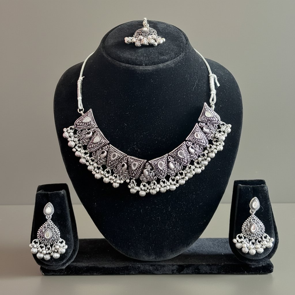 Oxidised Silver Choker Necklace Set with Earrings & Maang Tikka