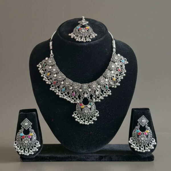 Oxidised Silver Floral Necklace Set Multicolor Antique Jewelry
