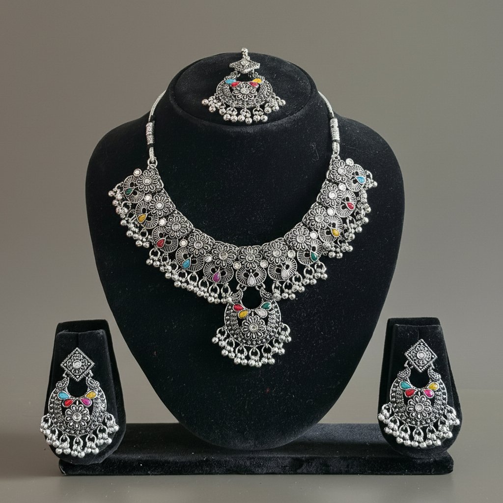Oxidised Silver Floral Necklace Set Multicolor Antique Jewelry