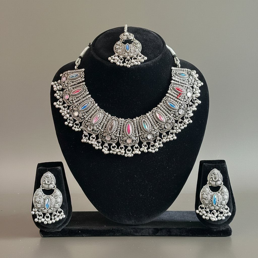 Oxidised Silver Long Panel Necklace Set