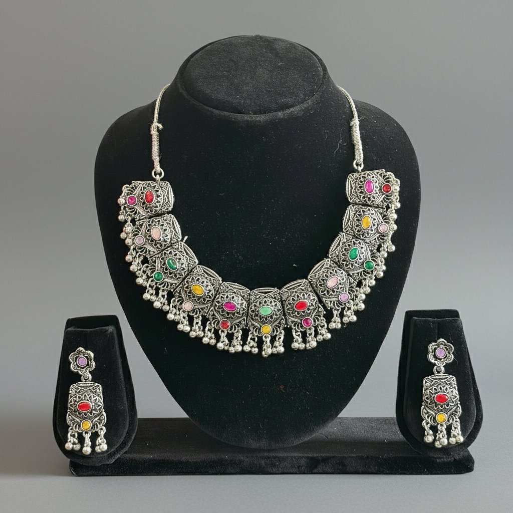 Oxidised silver necklace set with multi-color stones and matching earrings displayed on a black jewellery stand.