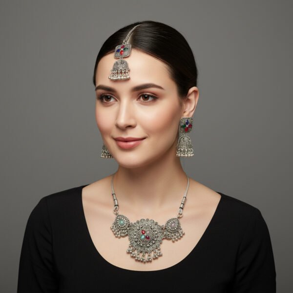 Oxidised Silver Necklace Set with Multicolor Stones image 1 Oxidised Silver Necklace Set with Multicolor Stones | Choker Necklace, Earrings & Tikka