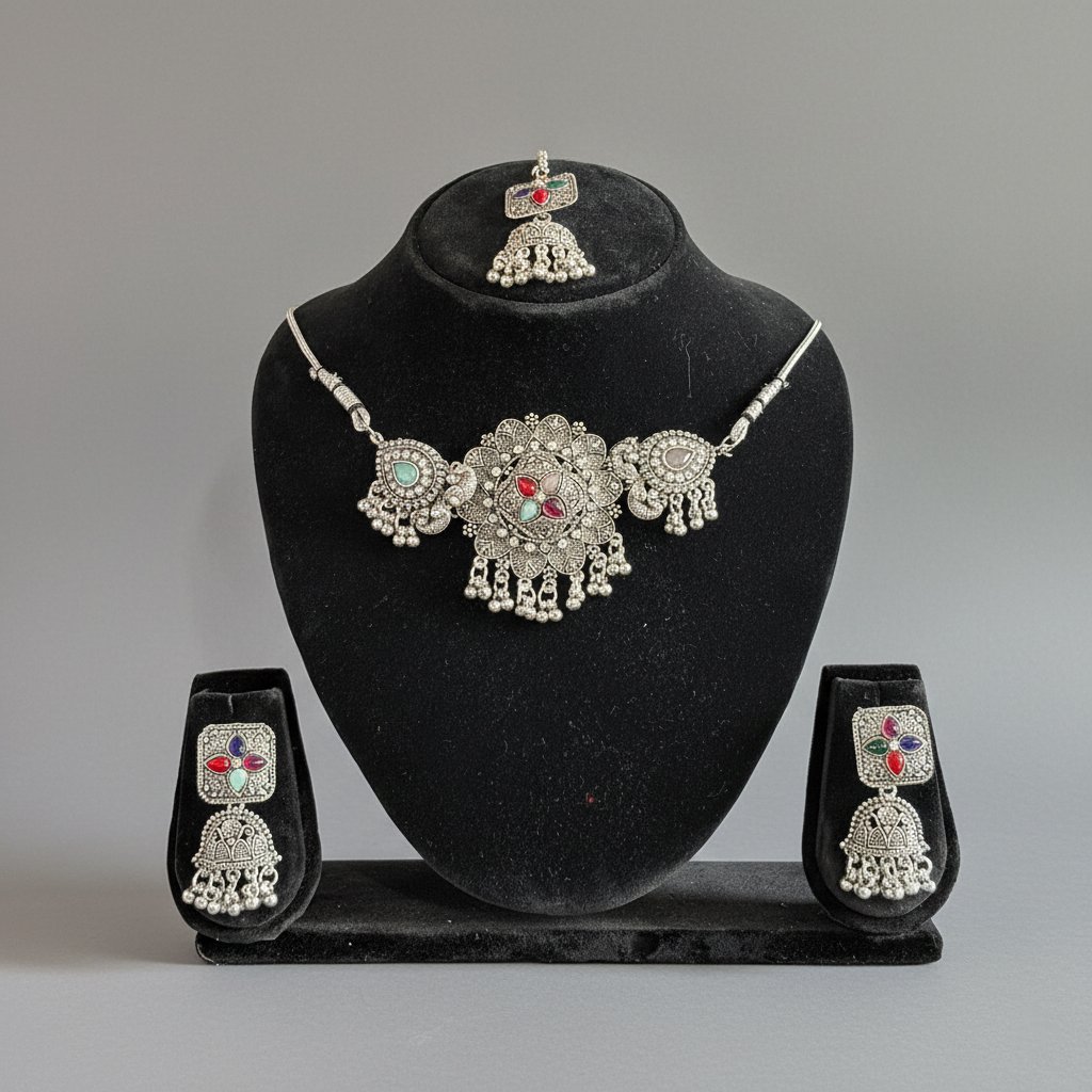 Oxidised Silver Necklace Set with Multicolor Stones