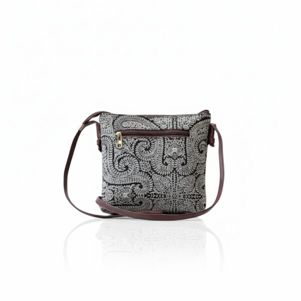 Black & White Paisley Print Sling Bag – Lightweight Crossbody with Front Zipper Pocket