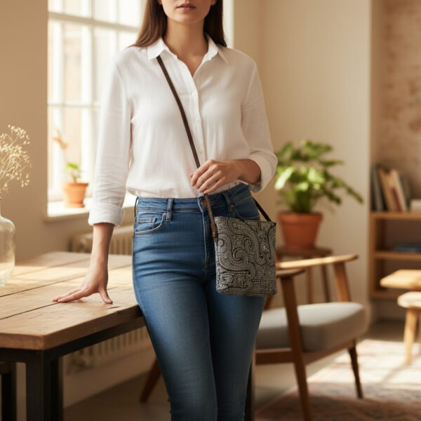Black & White Paisley Print Sling Bag – Lightweight Crossbody with Front Zipper Pocket