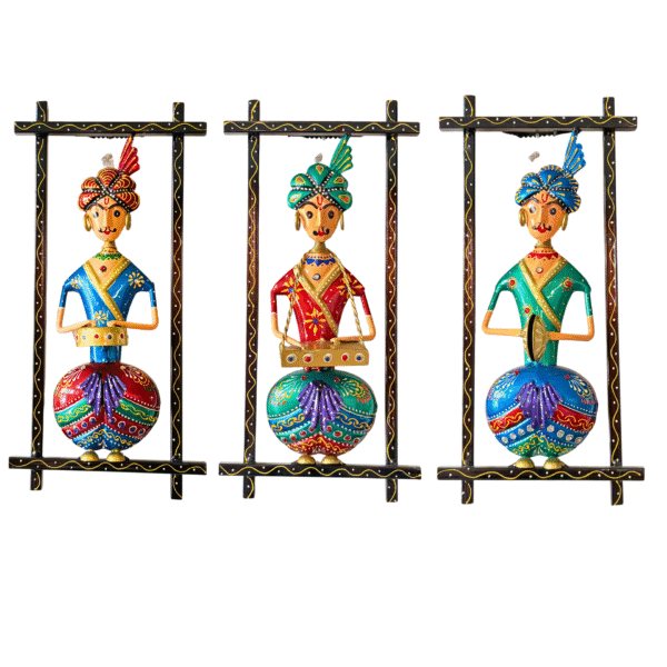 Rajasthani Sitting Musician Wall Hanging image 2 Rajasthani Sitting Musician Wall Hanging Set (3 Pieces) – Handcrafted Metal Wall Art, Colorful