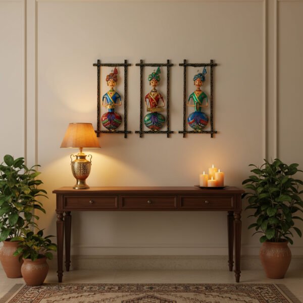 Rajasthani Sitting Musician Wall Hanging image 4 Rajasthani Sitting Musician Wall Hanging Set (3 Pieces) – Handcrafted Metal Wall Art, Colorful