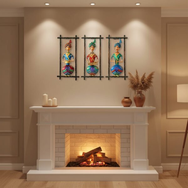 Rajasthani Sitting Musician Wall Hanging image 5 Set of 3 colorful Rajasthani sitting musician wall hangings in decorative metal frames, hand-painted traditional Indian wall décor.