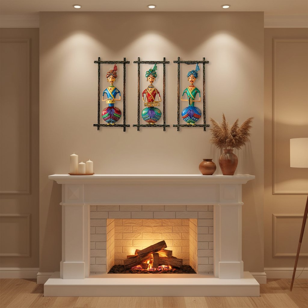 Set of 3 colorful Rajasthani sitting musician wall hangings in decorative metal frames, hand-painted traditional Indian wall décor.