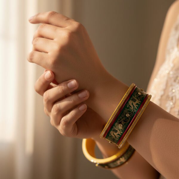 Traditional Lac Kada with Elephant Design – Green & Red Hand-Painted Lac Bangle | Rajasthani Lac Kada