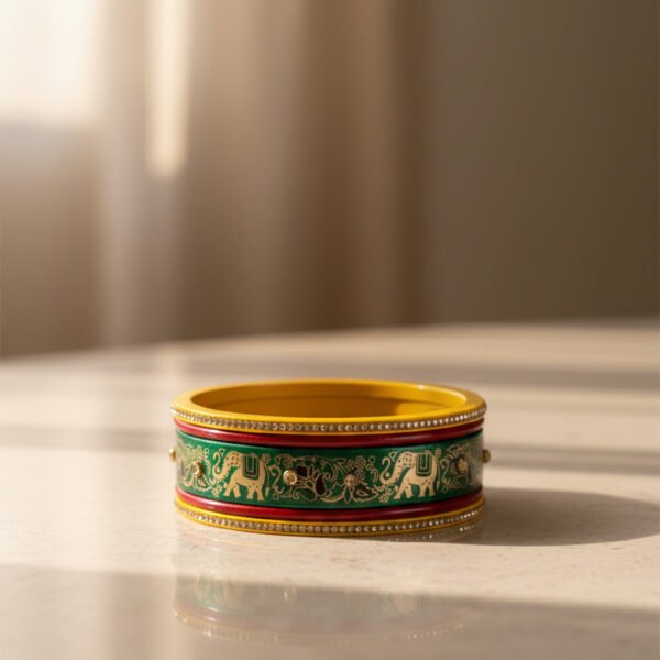 Traditional Lac Kada with Elephant Design – Green & Red Hand-Painted Lac Bangle | Rajasthani Lac Kada