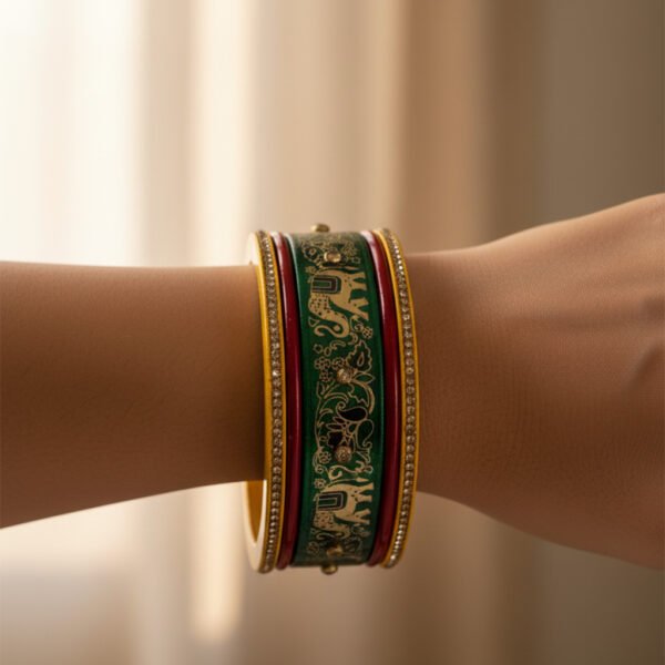 Traditional Lac Kada with Elephant Design – Green & Red Hand-Painted Lac Bangle | Rajasthani Lac Kada