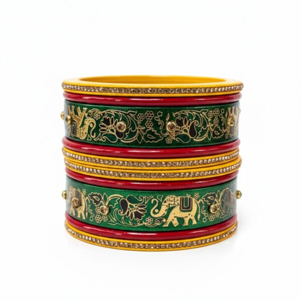 Traditional Lac Kada with Elephant Design – Green & Red Hand-Painted Lac Bangle | Rajasthani Lac Kada