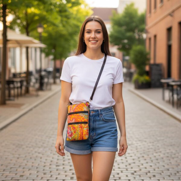 Yellow Multi-Pocket Sling Bag image 3 Yellow Multi-Pocket Sling Bag – Boho Print Crossbody with Double Zippers