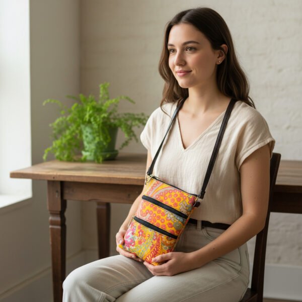 Yellow Multi-Pocket Sling Bag image 4 Yellow Multi-Pocket Sling Bag – Boho Print Crossbody with Double Zippers