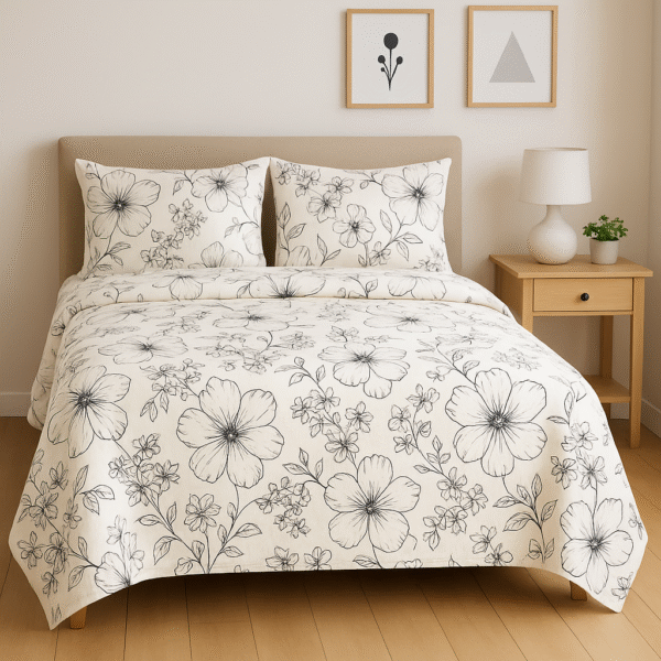 White & Black Floral Outline Bedsheet With Pillow Covers – Minimal Modern Design