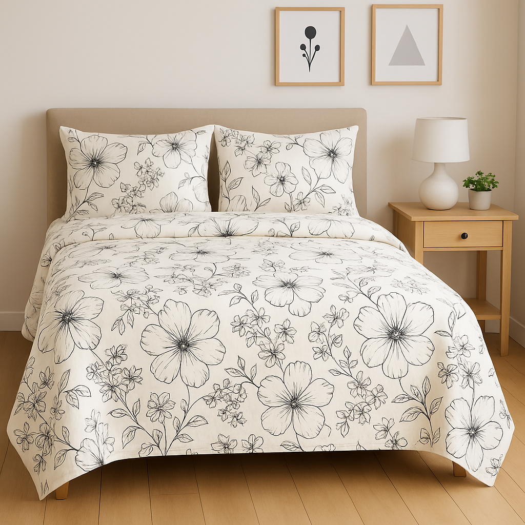 White & Black Floral Outline Bedsheet With Pillow Covers – Minimal Modern Design