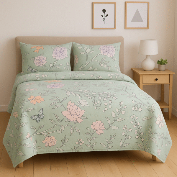 Pastel Green Bedsheet With Soft Floral & Butterfly Print – Double Bed
