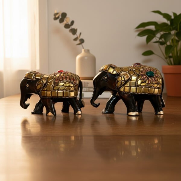 black and gold elephant image 3 Handcrafted Wooden Elephant Figurine Set with Stone Work – Black & Gold Royal Home Decor