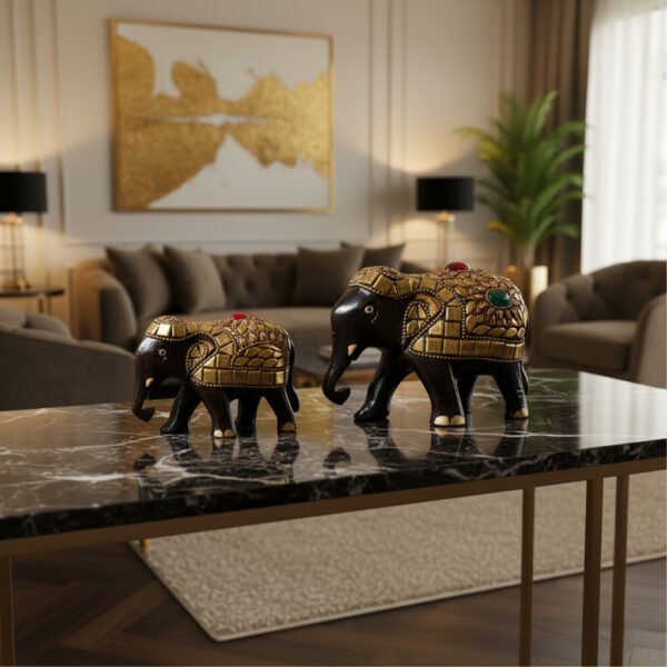 black and gold elephant image 4 Handcrafted Wooden Elephant Figurine Set with Stone Work – Black & Gold Royal Home Decor