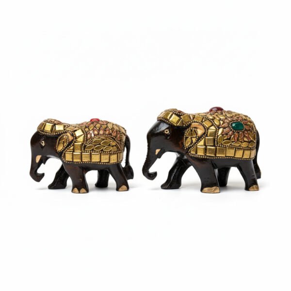 black and gold elephant image 5 Handcrafted Wooden Elephant Figurine Set with Stone Work – Black & Gold Royal Home Decor