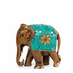 brown Grey elephant image 1 Handcrafted Wooden Elephant Figurine with Turquoise Stone Work – Artistic Home Décor & Gifting Piece