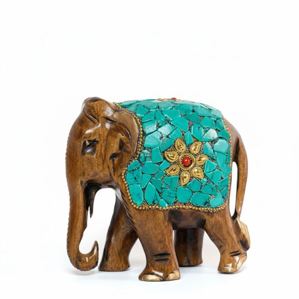 Handcrafted Wooden Elephant Figurine with Turquoise Stone Work – Artistic Home Décor & Gifting Piece