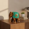 Handcrafted Wooden Elephant Figurine with Turquoise Stone Work – Artistic Home Décor & Gifting Piece