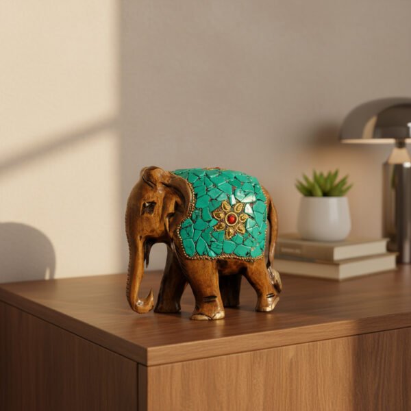 Handcrafted Wooden Elephant Figurine with Turquoise Stone Work – Artistic Home Décor & Gifting Piece